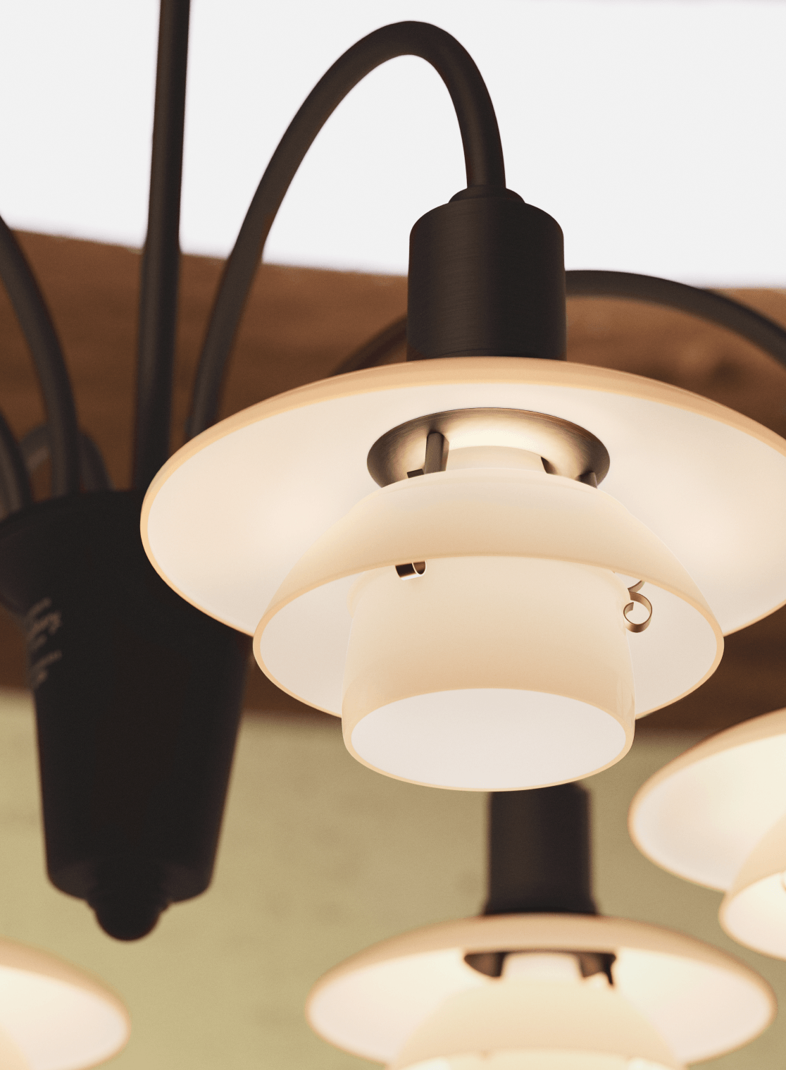 PH centenary chandelier detail in dark finish with opal glass shades, © 2025 Louis Poulsen.