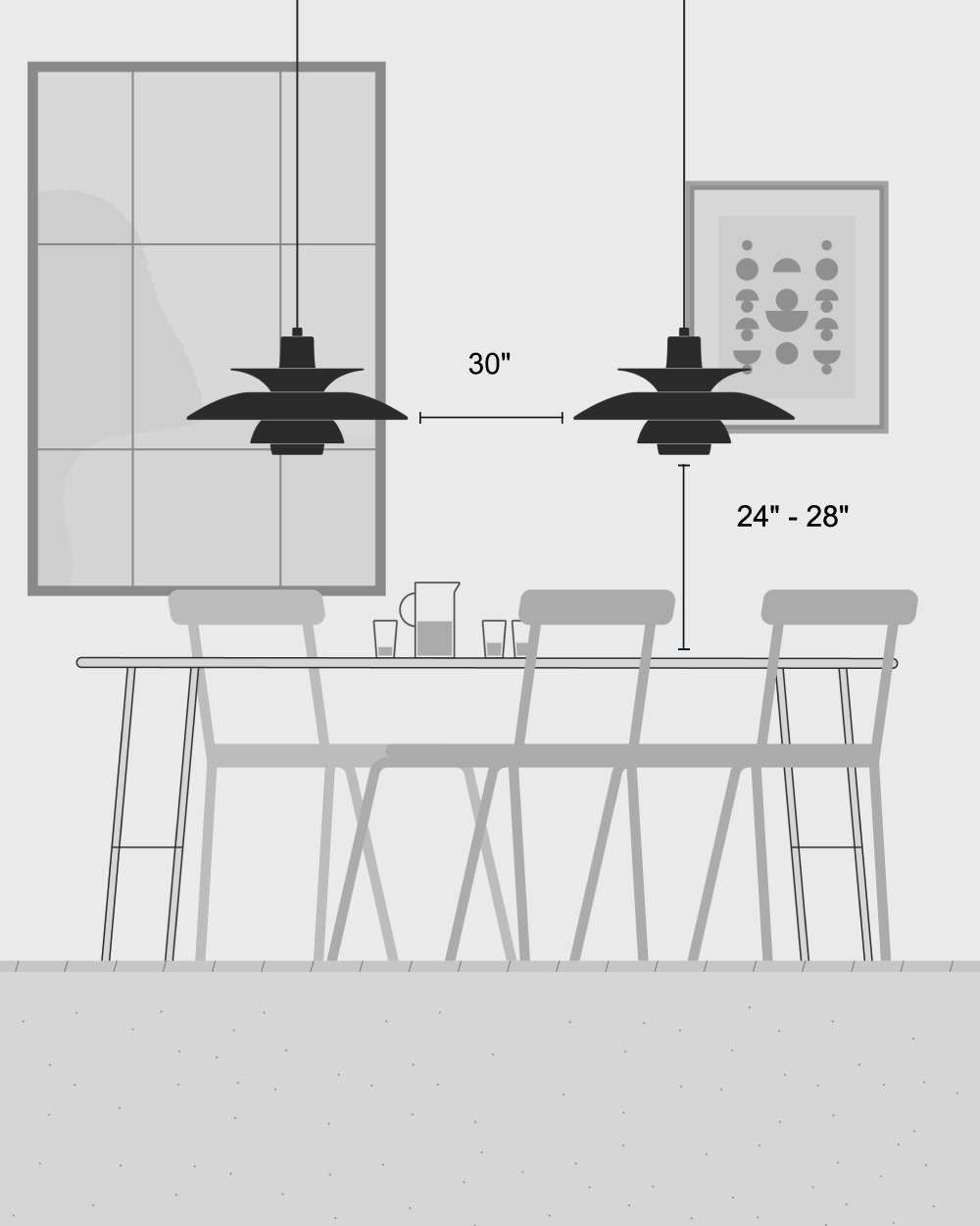 Two PH pendant lamps above a dining table with spacing and height guidelines, © 2025 Louis Poulsen.