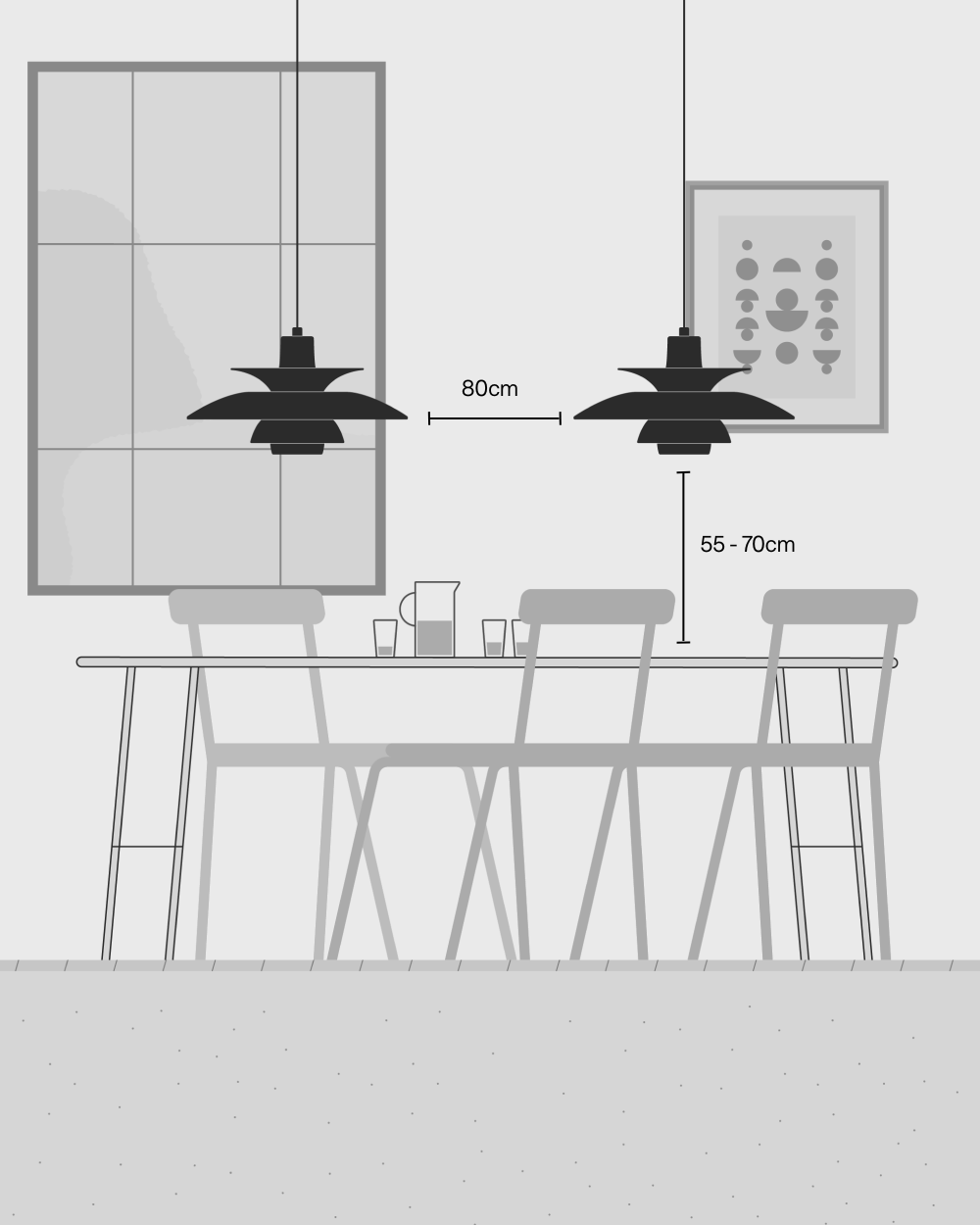 Two PH pendant lamps above a dining table with spacing and height guidelines, © 2025 Louis Poulsen.