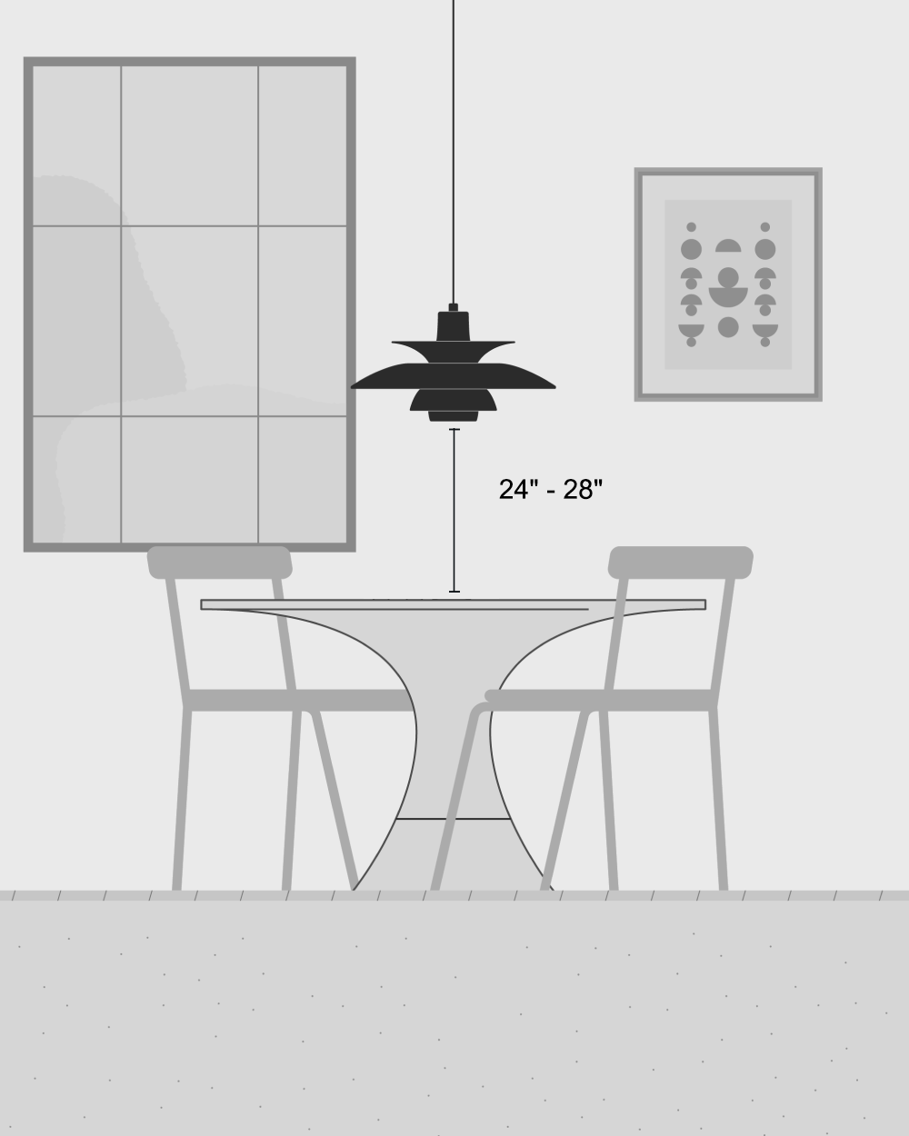 One PH pendant lamps above a dining table with spacing and height guidelines, © 2025 Louis Poulsen.