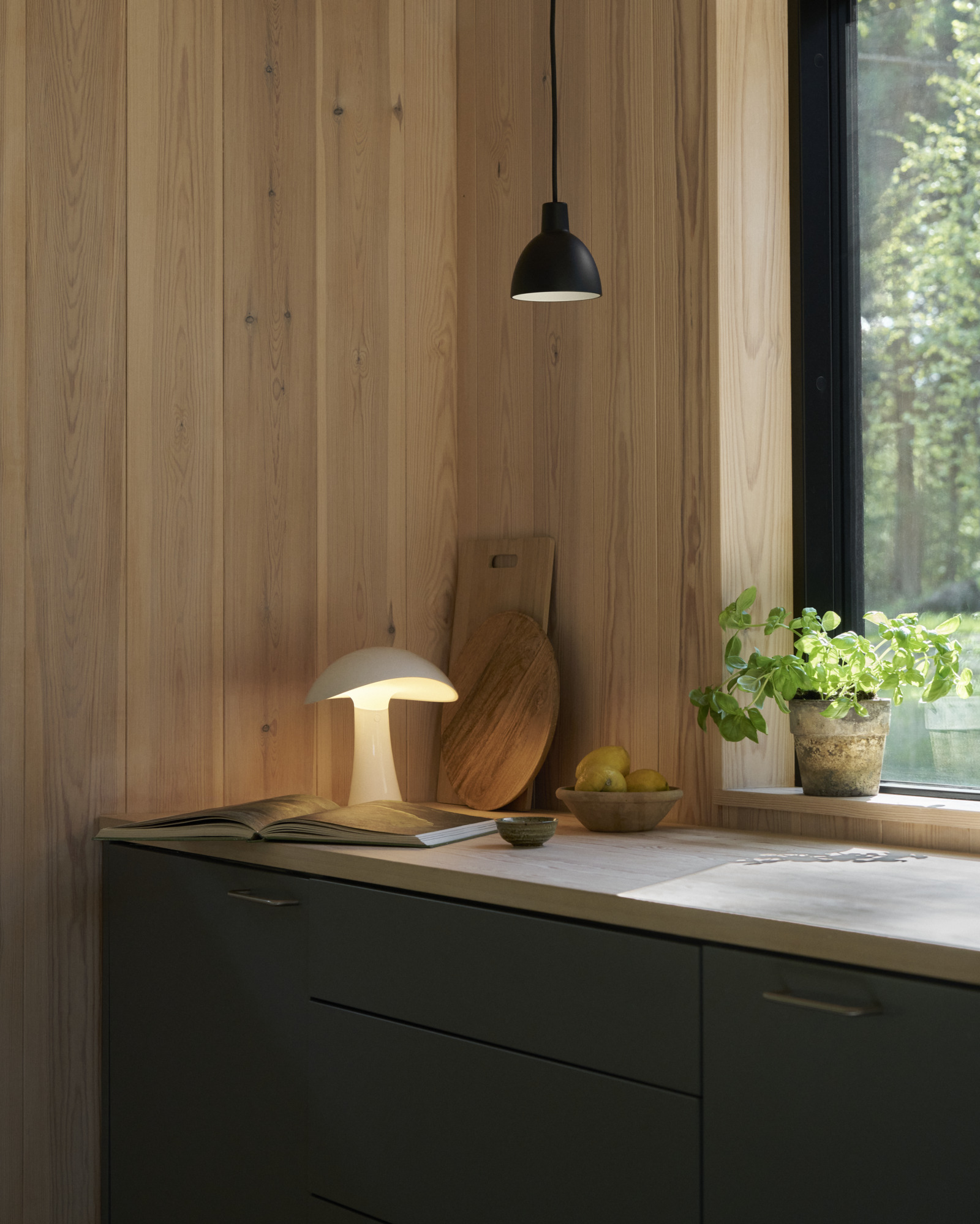 Toldbod pendant in Black above kitchen worktop, © 2025 Louis Poulsen.